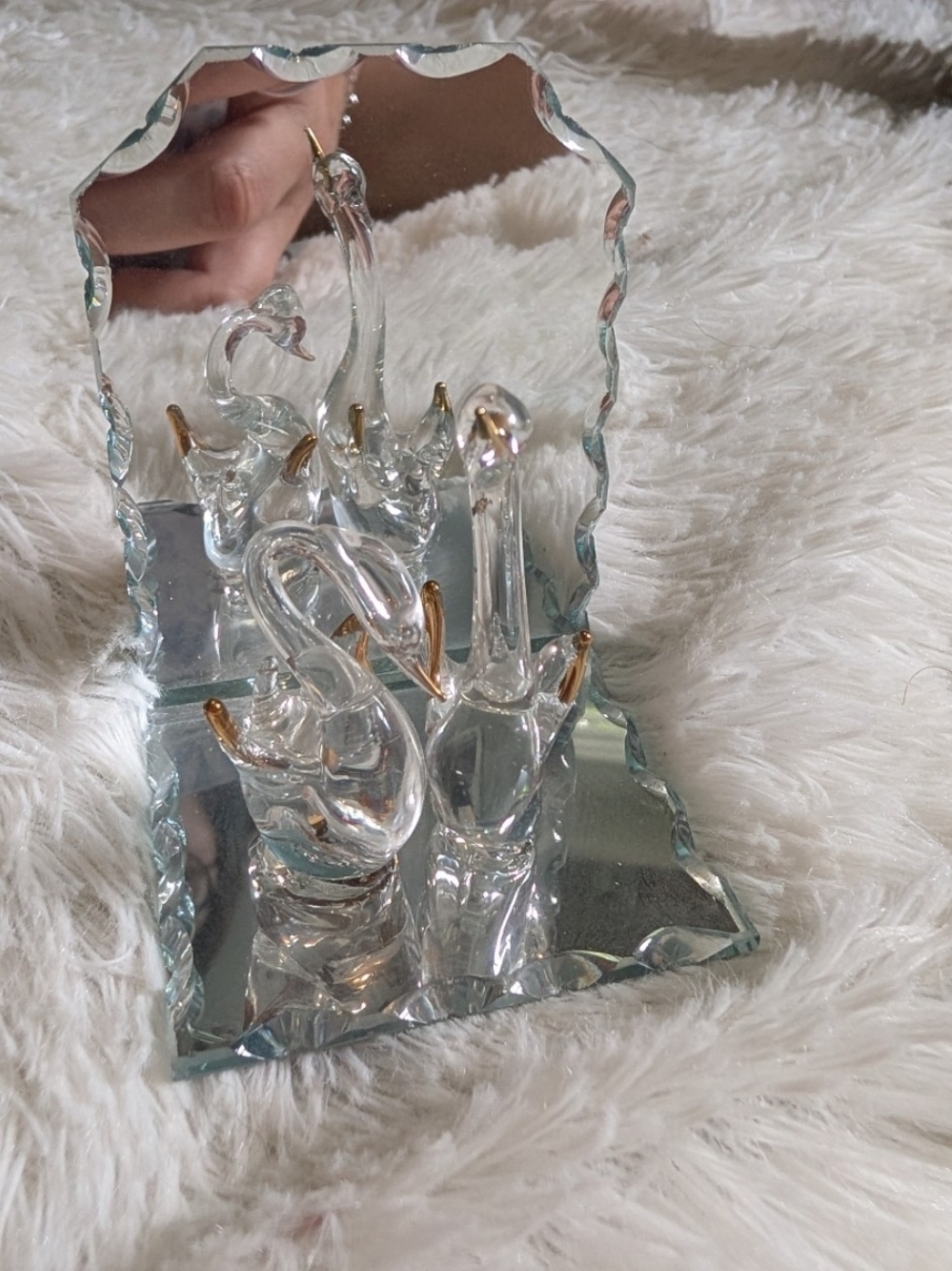 Glass Swan Figurines with Mirror Base And Background